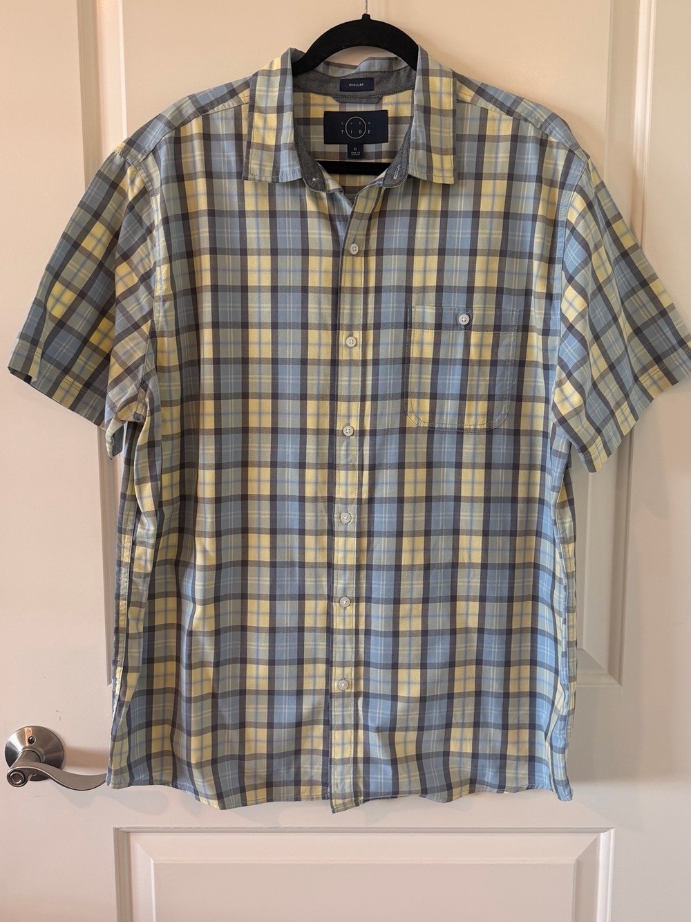 Men’s Even Tide Blue Yellow Plaid Short Sleeve Button-Down Shirt XL
